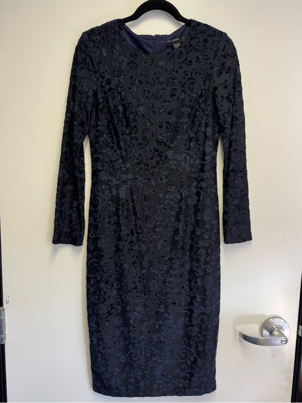 Maggy London Velvet Sheer Long Sleeve Sheath Midi Dress Size 8 Dark Purple